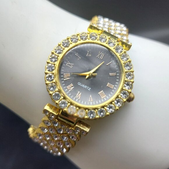 Vintage Gold-Tone Quartz Watch With Rhinestone Bezel & Band Works New Battery - Picture 1 of 6